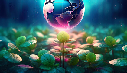 earth day, world globe in water drop on cloverleaf