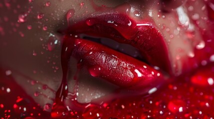 Wall Mural - Detailed close-up of a womans face showcasing vibrant red lipstick and gloss