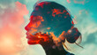 Double exposure portrait of beautiful woman with red and blue clouds in the sky