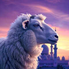 Wall Mural - Sheep in front of the mosque at sunset, Ai Generated