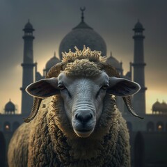 Wall Mural - Sheep in front of mosque, Ai generated