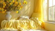   A vase, brimming with sunny yellow flowers, rests atop a bed draped in a matching yellow blanket Nearby, a window frames the scene