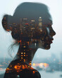 Double exposure of silhouette of young beautiful woman and modern city at night