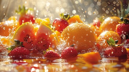 Wall Mural -   Oranges and strawberries splash in a sunlit pool of water