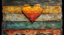   A Heart Painting On A Multicolored Wooden Panel With Peeling Paint