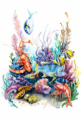 Wall Mural - Watercolor paintings of strange underwater animals Weird aquatic plants.
