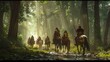 Colorfully attired horseback riders in sunlit forest with towering trees and dappled sunlight