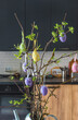 Easter holidays  concept; Tree branches decorated with easter eggs in a kitchen