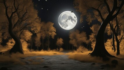 Wall Mural - landscape with moon _a spooky scene with a dark forest and a full moon. the forest is gloomy and sca