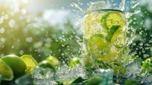 Lime Drink In A Can Has Lime Fruit, Splashing Water, Tea Leaves, And Ice Cubes. It's The Perfect Mix Of Flavors That Will Cool You Down On A Hot Summer Day