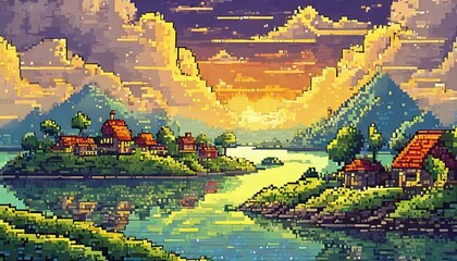 Wall Mural - Pixel art landscape style with a river, islands, houses on them and twilight yellow clouds i