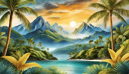 Wall Mural - Tropical Exotic Landscape Wallpaper. Hand Drawn Design. Luxury Wall Mural 