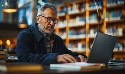 Poster - Smiling Professor Browsing Laptop in Library, Preparing Educational Materials