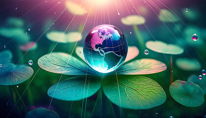 Wall Mural - earth day, World globe in water drop on cloverleaf