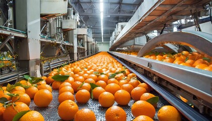 Wall Mural - Automated orange processing facility with conveyors full of fresh oranges