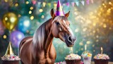 Fototapeta  - Happy cute animal friendly horse wearing a party hat celebrating at a fancy birthday party
