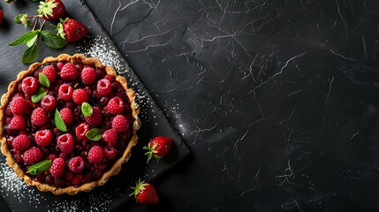 Wooden cake board with homemade raspberry-blackberry and strawberry tart on dark stone table isolated on black background with copy space