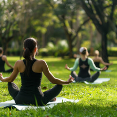 A yoga class practicing poses on green grass in a tranquil park setting