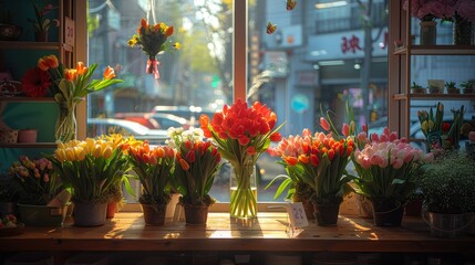 Wall Mural -   A table holds several flowers facing a bustling street view through the window