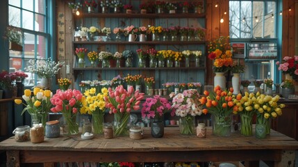 Canvas Print -   A wooden table, laden with numerous vases brimming with assorted flowers