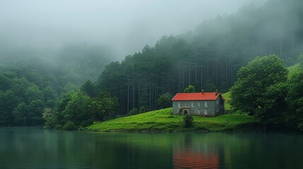 Poster -   A small house atop a verdant hill, nestled by a body of water, boasts a red-roofed peak