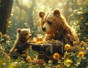 illustration of two bears with flowers and tea