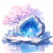 Serene Waterfront with a Stunning Geode and Pink Cherry Blossoms
