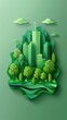 A stylized, vertical illustration of a green cityscape with trees and clouds