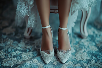 Wall Mural - A close-up capture showcases the ethereal white wedding shoes of a bride, delicately placed on a teal rug adorned with a floral pattern.