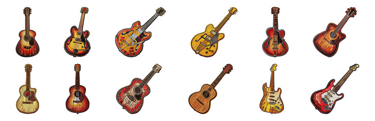 variety of guitar embroidered patches cut out png on transparent background