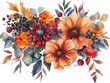 bouquete composizione floreale di fiori autunnali con bacche  su sfondo bianco scontornabile, stile acquerello, colori dominanti rosso arancio e giallo