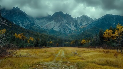 Poster -   A dirt path, bisecting a verdant field, frames mountain range backdrop with tree-lined foreground and lush grass