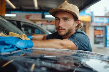 A young man in casual attire is diligently cleaning a car at a self-service car wash station