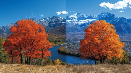 Wall Mural -   A scenic view of a mountain range with an orange-leafed forested riverbank in the foreground