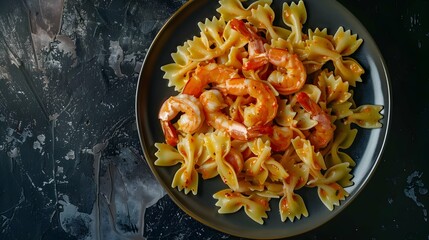 Wall Mural - Italian pasta in a creamy sauce with shrimp on a plate, top view. Pasta in the form of bows on a dark table background