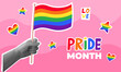 Pride Month collage concept. Vector illustration with halftone hand holding flag.
