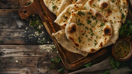 indian naan bread with herbs and garlic seasoning on plate,close up