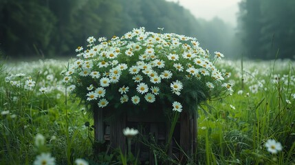 Wall Mural -   A wooded box in the field houses numerous daisies amidst a sea of wildflowers