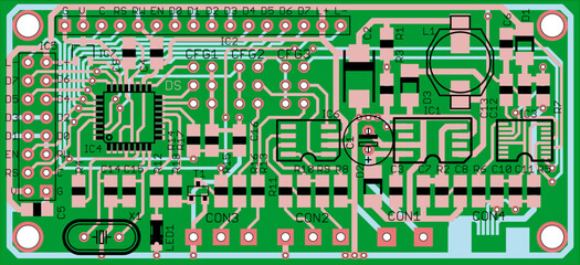 Poster - Vector printed circuit board of electronic 
device with components of radio elements, 
conductors and contact pads placed on it. 
Engineering drawing.