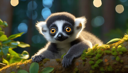 Cute 3d artwork of a baby lemur leaning on a wooden branch in the forest at night