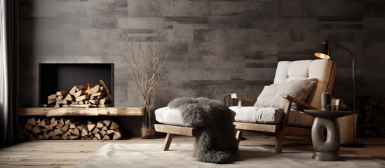 Poster - Cozy living room with fireplace and armchair