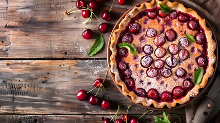 Wall Mural - Clafoutis cherry pie on wooden background