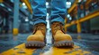 Worker in industrial setting wearing safety shoes and prepared for work. Concept Industrial Safety, Work Boots, Workplace Preparedness, Safety Equipment, Industrial Environment