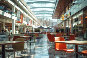 The image shows an empty food court area in a modern shopping center with bright lighting and colorful furniture