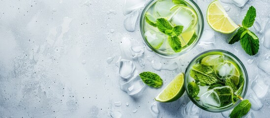 Sticker - On a white concrete table, there are two highball glasses containing a traditional Mojito cocktail, made with rum, spearmint, lime juice, soda water, and ice, seen from above with space for text.