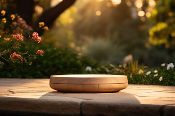 Wooden platform, tray in garden under orange sunlight. Empty wood product podium in green, sun warmth, surrounded by plants and trees, creating outdoor landscape for staging