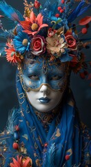 Wall Mural - close up portrait of a beautiful woman with a mask and feathers. the image is taken at the carnival