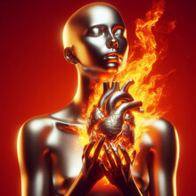 Heart Made Of Gold Is Burning, Clean Red Background - Generative AI