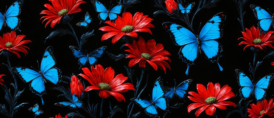 Sticker - Closeup 3d painting of a nightly field full of red flowers and phosphorescent blue butterflies, black background