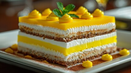   A tight shot of a plate displaying a cake slice in the center, topped with sliced lemons